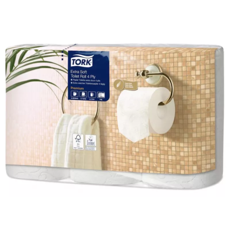 Tualetinis popierius Tork Premium Extra Soft Conventional T4 — 4 sluoksnių rulonai 9,7 cm x 19,1 m, pakuotė 6 vnt.