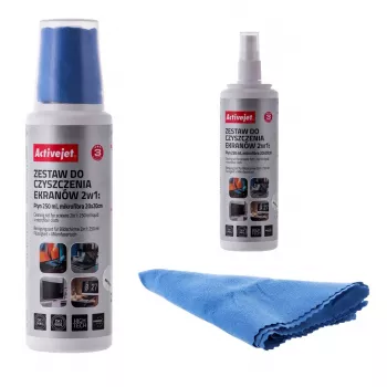 Valymo rinkinys ekranams ir plastikams ActiveJet AOC-269, 2 mikropluošto šluostės 200x200 mm, 250 ml purškiklis