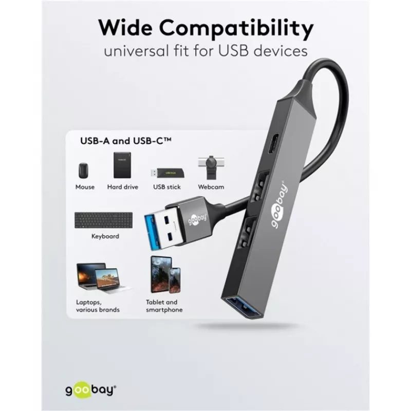 Goobay Slim 4 prievadų USB šakotuvas, USB-A į USB-C™/USB-A, USB 3.2 (74458)