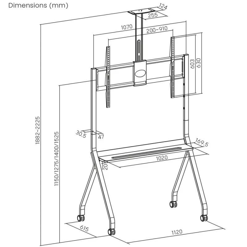 Grindinis TV stovas MACLEAN MC-114 W ekranams nuo 55 iki 100 colių, baltas, VESA iki 900x600, max apkrova 120 kg, aukštis 115–152 cm, lentyna