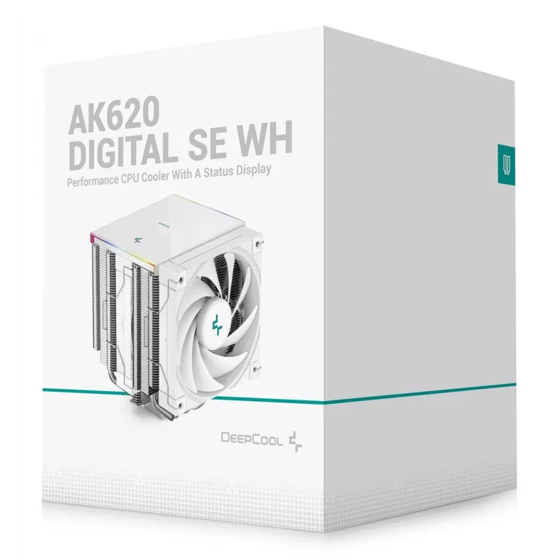 Oro aušintuvas DeepCool AK620 Digital SE White – du 120 mm ventiliatoriai, 6 šilumos vamzdeliai, PWM, LGA 1700, įmontuotas ekranas