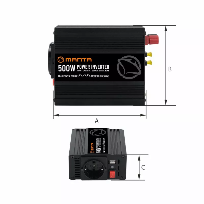 Maitinimo keitiklis MANTA MPI500M 500W nuolatinė / 1000W didžiausia galia nuo 12V DC į 230V AC