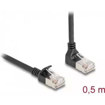 Tinklo kabelis DeLOCK RJ45 Cat.6A S/FTP plonas 90° žemyn lenktas / tiesus 0,5 m juodas