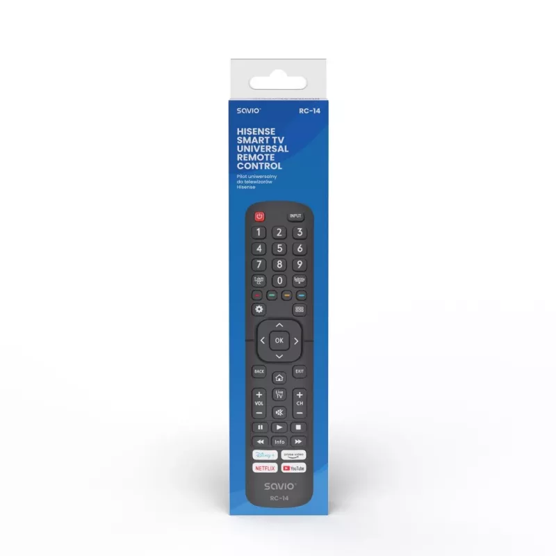 Universalus nuotolinio valdymo pultas SAVIO RC-14, skirtas Hisense Smart TV, IR belaidis, palaiko 14 įrenginių, veikimo atstumas iki 10 m, juodas
