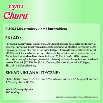 Šlapi skanėstai katėms INABA Churu įvairūs – Vištiena ir Tunas, 50 x 14 g pastos tūbelės, be grūdų, be glitimo ir be cukraus