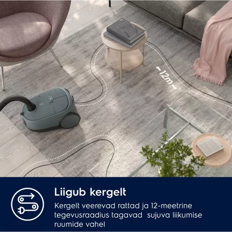 Dulkių siurblys statinis Electrolux EB61C1OG 850W 3.5L dulkių maišas, teleskopinis plieninis vamzdis, EPA12, 12 m spindulys