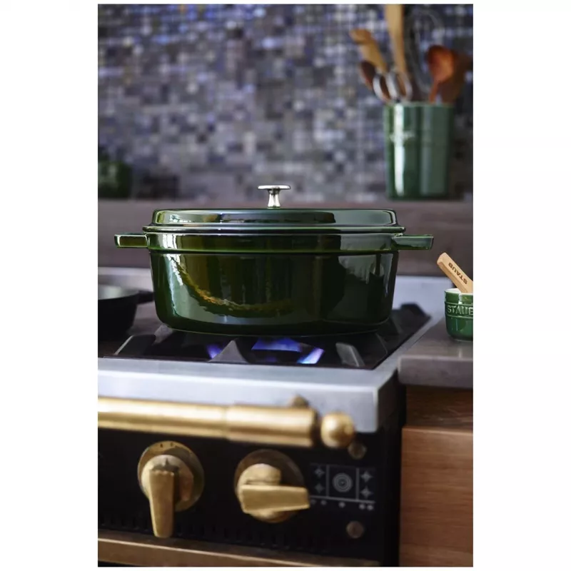 Staub La Cocotte 33 cm ovali ketaus puodas su emaliu, baziliko žalia