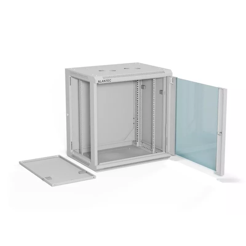 Sieninis 19 colių spintos korpusas Alantec 12U 600x450 mm, stiklinės durys, nuimami galiniai ir šoniniai dangteliai, užrakinamas, 4 montavimo bėgeliai, pilkas, plokščioje pakuotėje