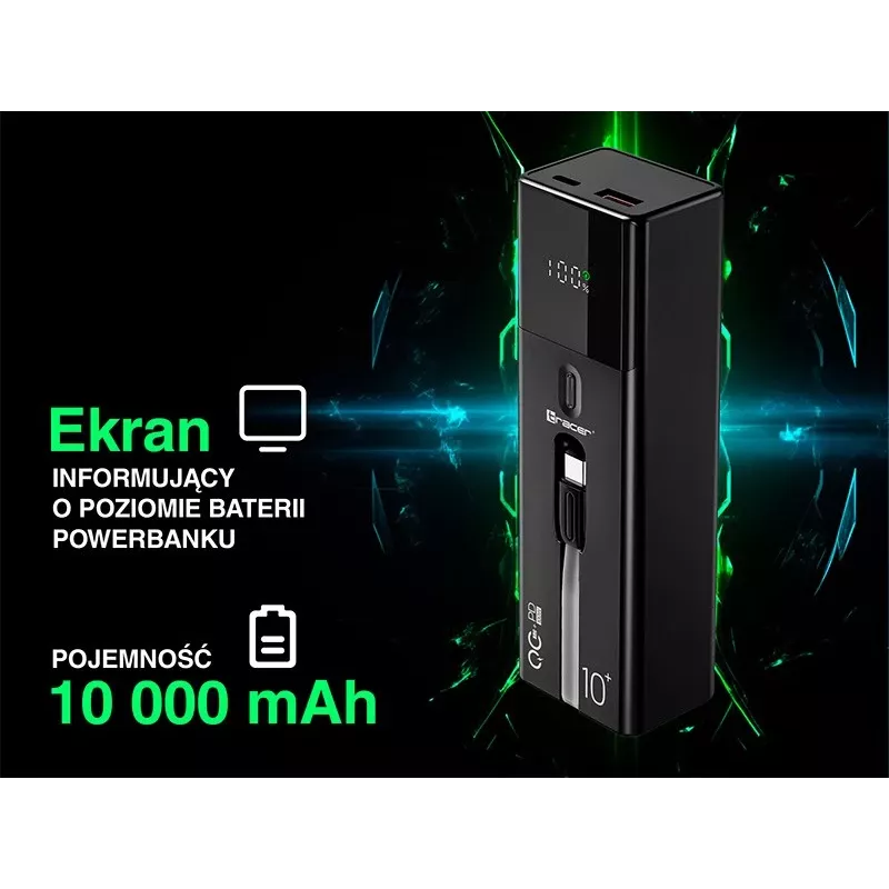 Nešiojamas Power Bank TRACER Quant 10000 mAh Li-Ion, PD & QC3.0, 3 prievadai (2×USB-C, 1×USB-A), 100W, Juodas