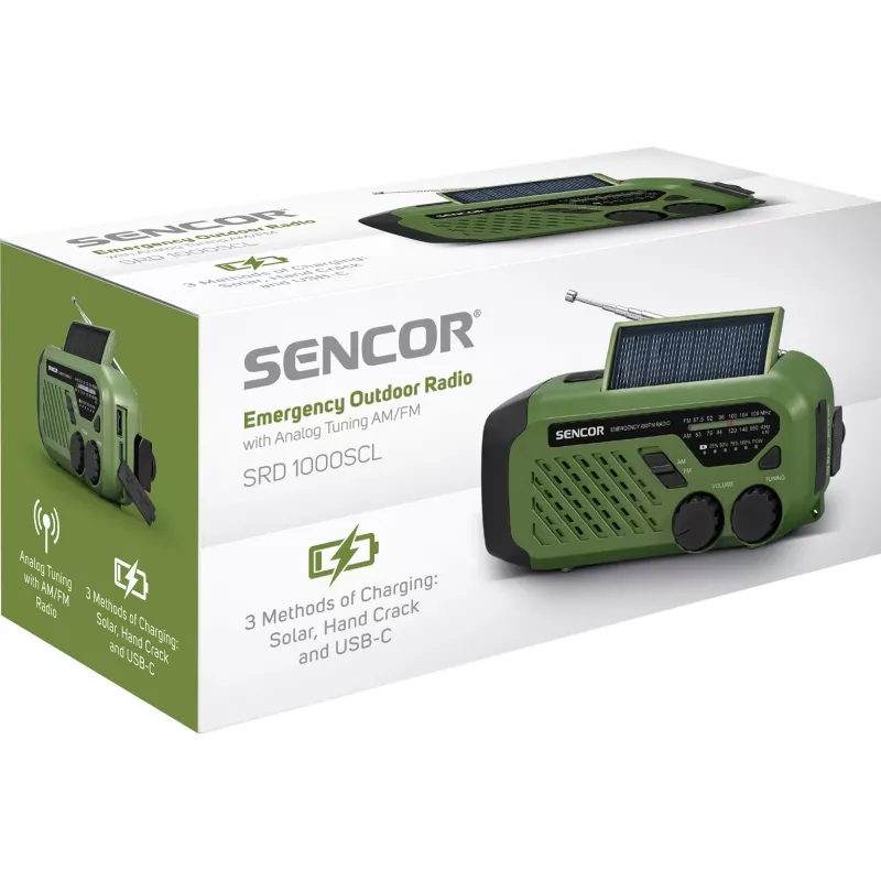 Nešiojamas FM/AM radijas SENCOR SRD1000SCLGR su Bluetooth, saulės/sukamos rankenos/USB-C įkrovimu, 2000 mAh baterija, IPX4, LED šviesomis