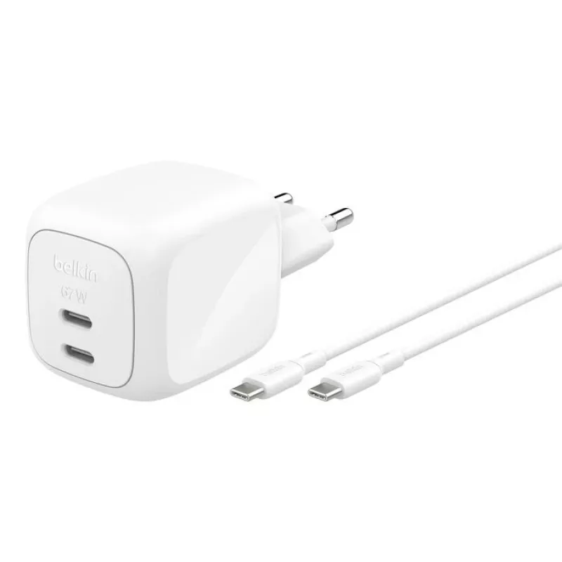 Greitasis AC sieninis įkroviklis Belkin WCH020KQ2MWH-B6 — 2x USB‑C, 2 m integruotas kabelis, baltas