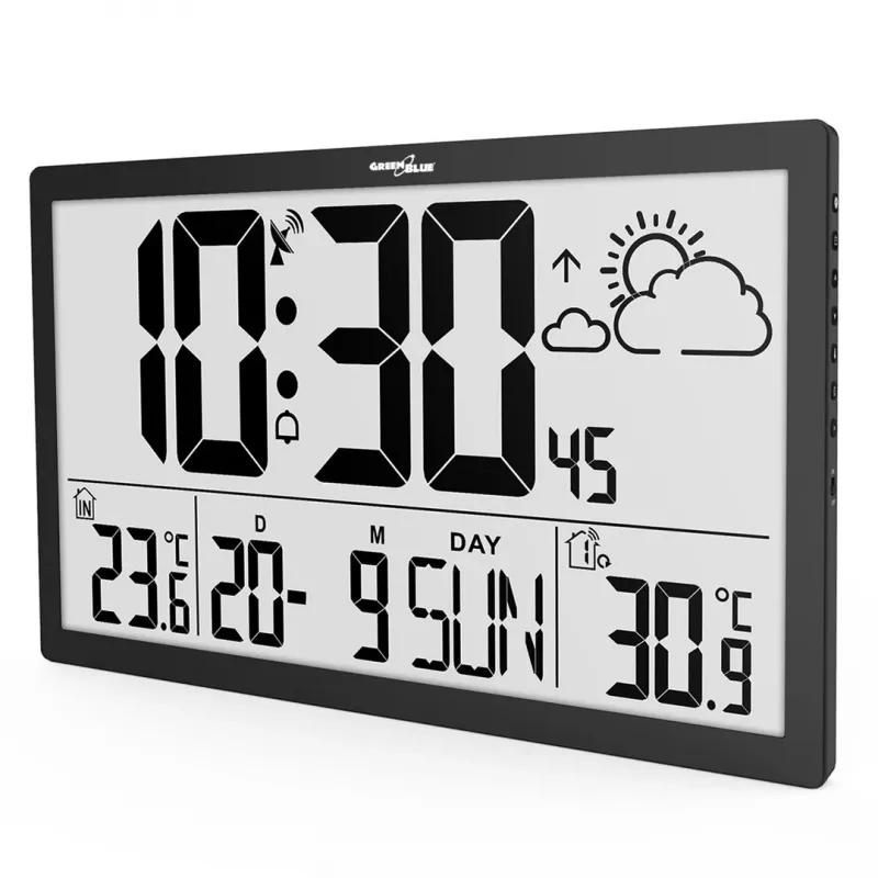 Sieninis laikrodis GreenBlue GB218 – didelis LCD ekranas, oro stotis, vidaus/lauko temperatūra, datos rodymas
