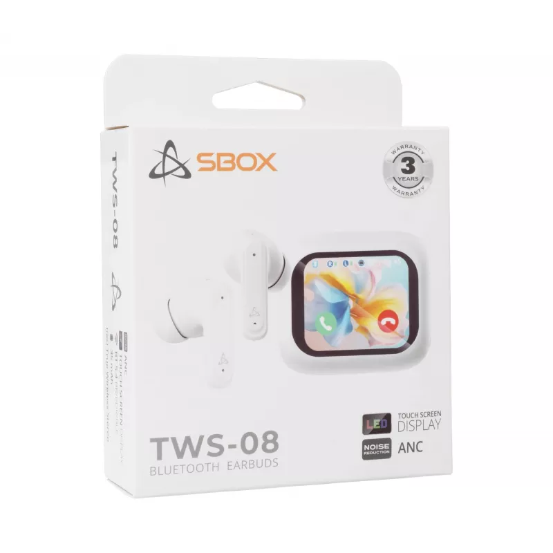 Belaidės ausinės SBOX EB-TWS08-W su jutikliniu ekranu baltos