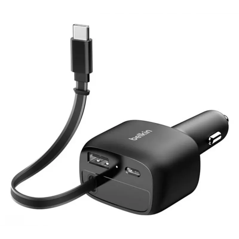 Belkin 75W 2-Port įkroviklis su įtraukiamu USB-C laidu automobiliui (CCC001HQBK)