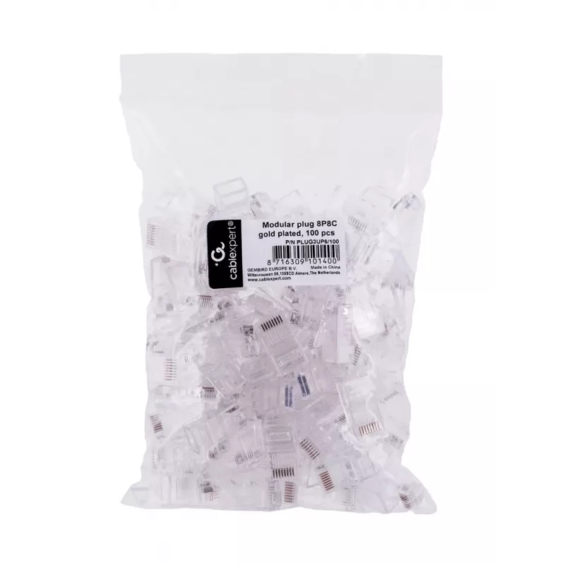 RJ45 kištukas GEMBIRD PLUG3UP6/100, Cat5, tiesus, permatomas, auksuoti kontaktai, pakuotė 100 vnt.