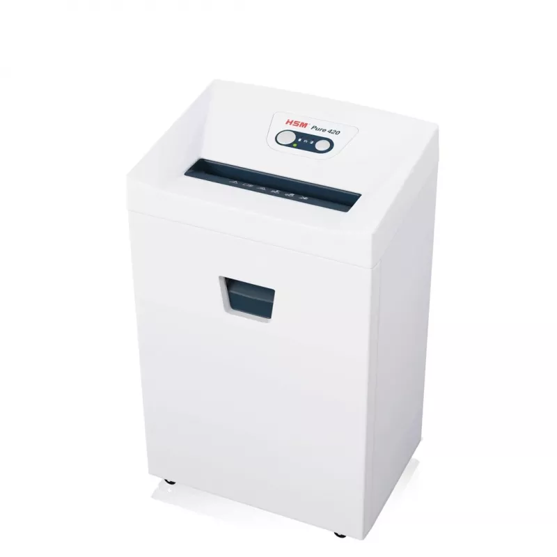 Smulkintuvas HSM Pure 420 — smulkinimas į daleles P-4, 24 cm darbinis plotis, 15 lapų talpa, 35 l krepšelis, baltas