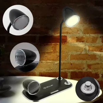 Stalinė lempa Tellur TLL151361 su belaidžiu Qi įkrovikliu ir Bluetooth garsiakalbiu, reguliuojamas apšvietimas