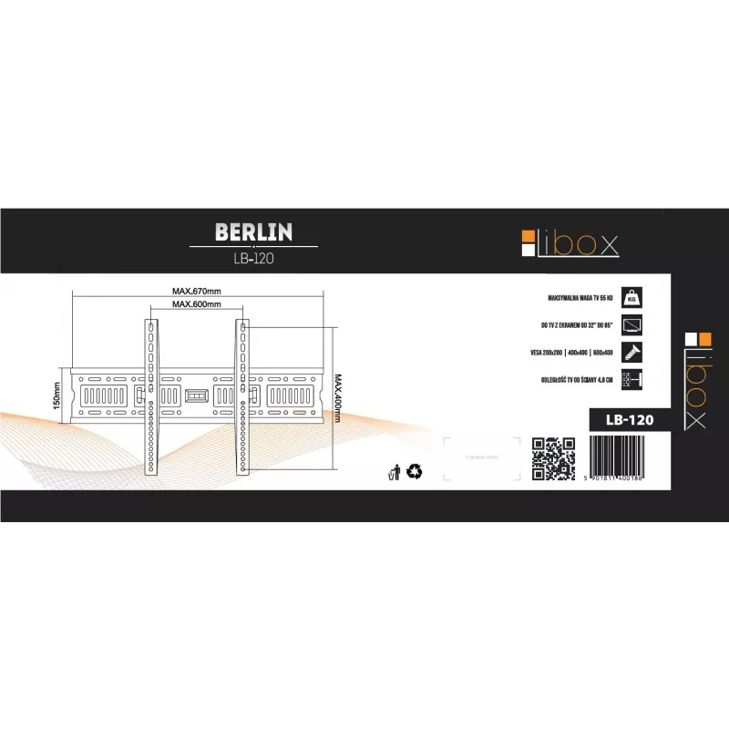 Sieninis TV laikiklis LIBOX LB-120 32–85 colių (81,3 cm–2,16 m), iki 55 kg, VESA 200x200–600x400, pakreipiamas, plieninis, juodas
