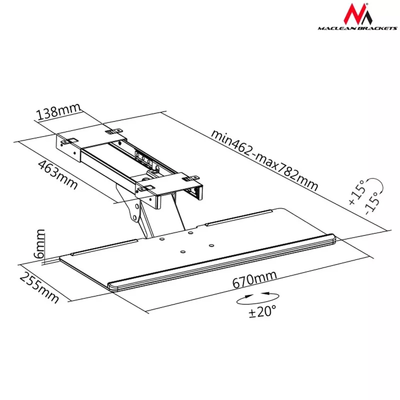 Maclean MC-757 Laikiklis klaviatūrai ir pelei ant stalo, 67 cm paviršius