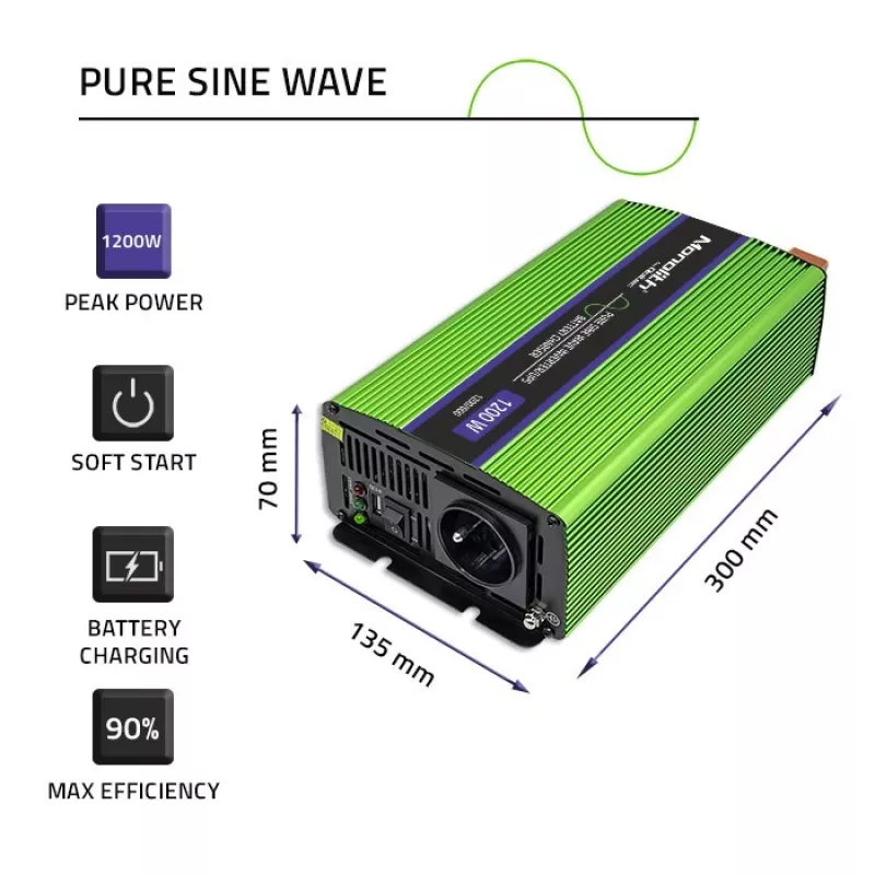 Automobilinis keitiklis Qoltec Monolith 1200 W žalias 12 V