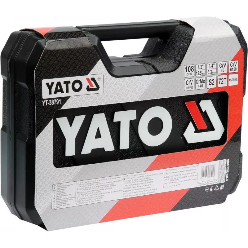Veržliarakčių komplektas YATO YT-38791 — 108 dalių, 1/2 colio pavara, su reketiniu raktu, juodas dėklas