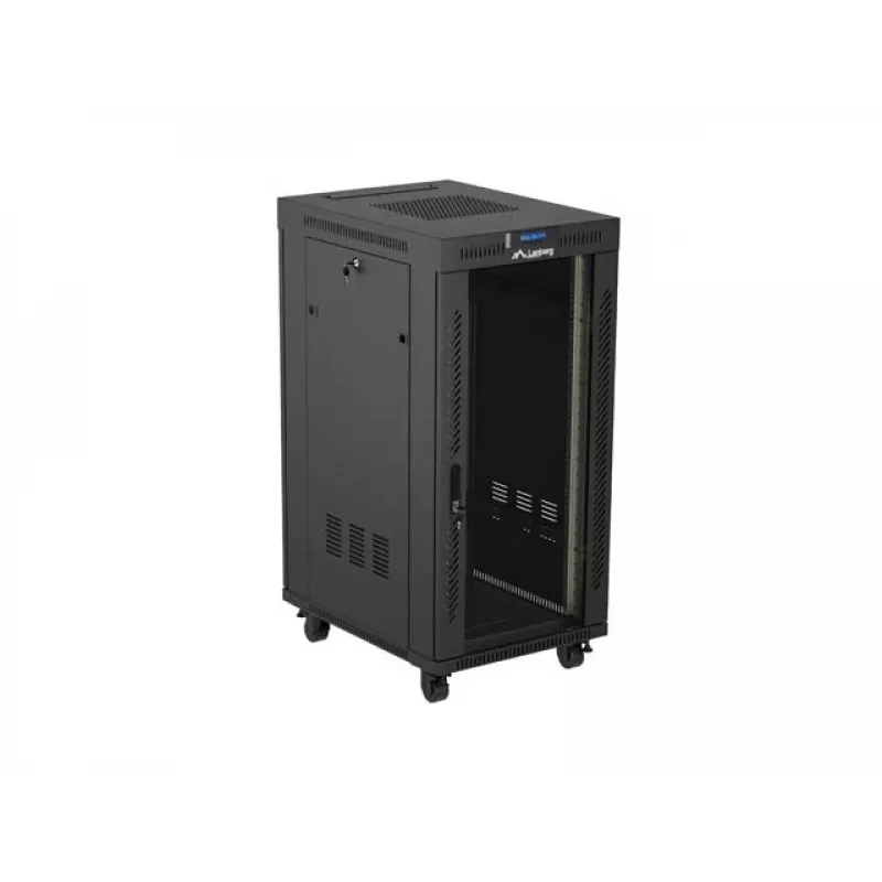 Tinklinis spintos stovas LANBERG 19 colių 24U 600x800 mm juodas su stiklo durelėmis ir LCD išpjova (Flat Pack) v2