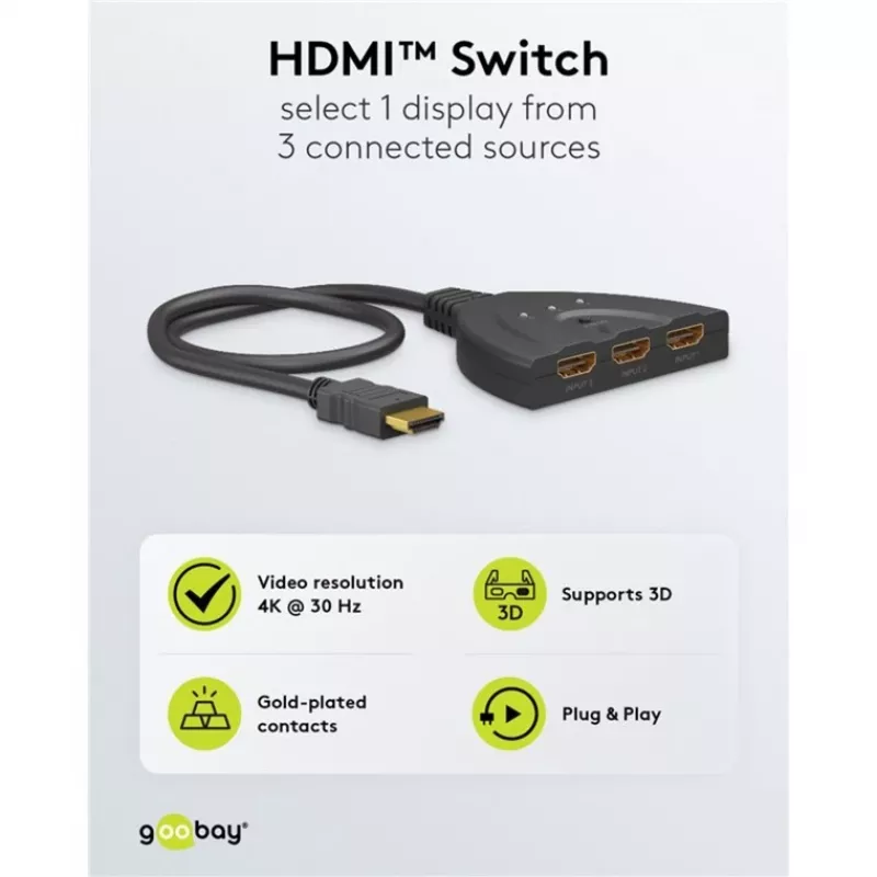 Goobay HDMI jungiklis 3 į 1 (4K @ 30 Hz) | 58487 | Juodas | HDMI moteriška | 3 HDMI moteriška | 0,58 m