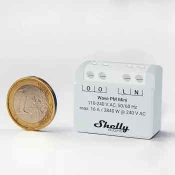 Shelly Qubino Wave PM Mini išmanusis jungiklis, 1 kanalo, montuojamas po tinku, Z-Wave, belaidis, 110–240 V AC / 24–30 V DC, pilkas