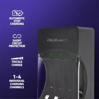 Įkroviklis QOLTEC 50653 Ni‑MH AAA (R03) ir AA (R6) įkraunamoms baterijoms, 220–240 V įėjimas, 1,2 V išėjimas