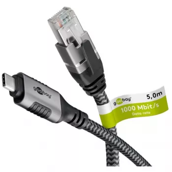 Ethernet kabelis USB-C 3.2 Gen2 kištukas > RJ-45 kištukas (juodas/sidabrinis, 5 m, pintas tekstilinis apvalkalas)