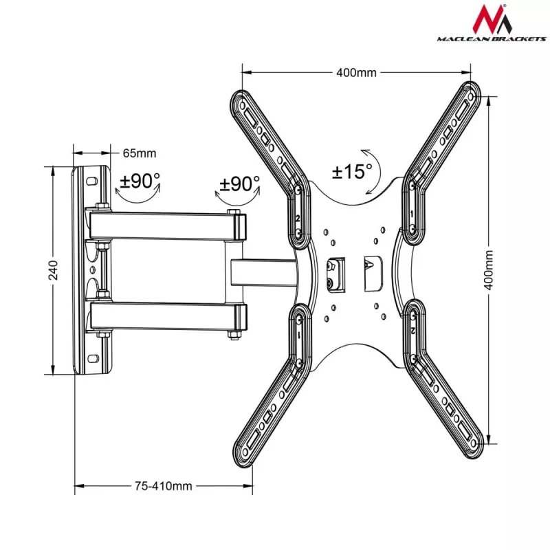 Sieninis TV laikiklis Maclean MC-759, 13–55 colių, 30 kg, VESA 75x75–400x400, pakreipiamas, reguliuojamo gylio