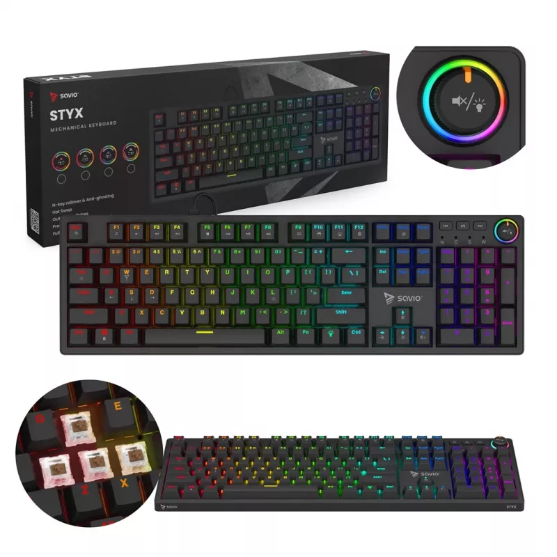 Žaidimų klaviatūra SAVIO STYX BROWN – mechaninė su Outemu Brown jungikliais, QZERTY US International, RGB, USB, pilno dydžio 104 klavišai, juoda