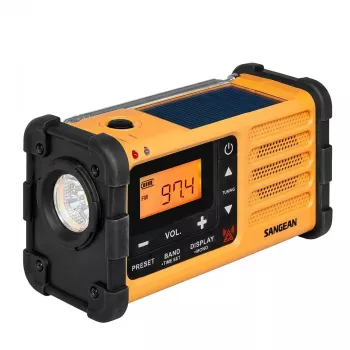 Nešiojamas avarinis radijas Sangean MMR-88 (USB-C) geltonas – su rankine sukimosi rankena, saulės baterija, baterijomis, AM/FM, orų perspėjimu