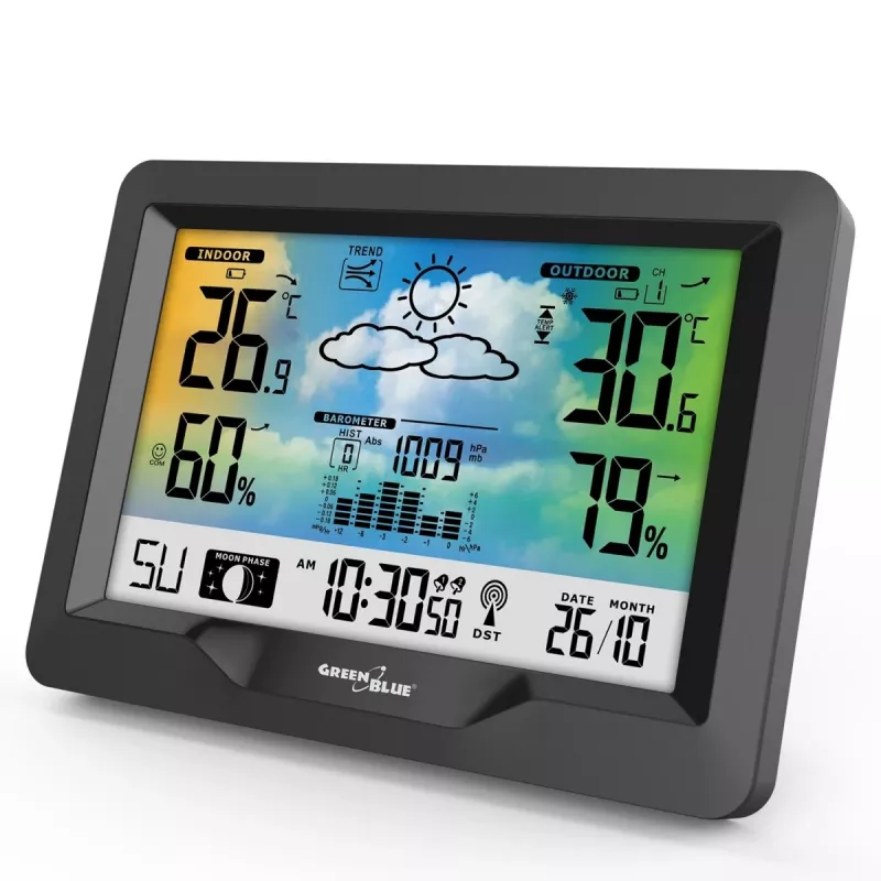 Hygrometras termometras GreenBlue GB540 – vidaus 0–50°C / lauko -20–65°C, DCF laikrodis, lauko jutiklis 60 m, juodas