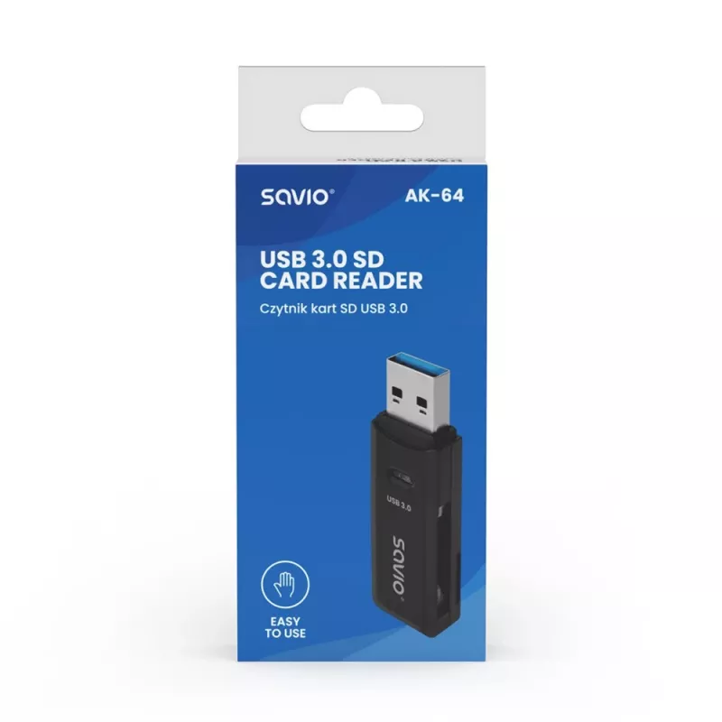 Kortelių skaitytuvas SAVIO AK-64 USB 3.2 Gen 1 Type-A, MicroSD lizdas, 5000 Mbit/s, juodas