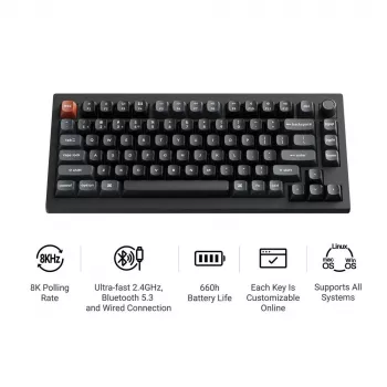 Mechaninė klaviatūra Keychron V1 Ultra 8K — 75% formata, QWERTY, Bluetooth, RGB, Juoda
