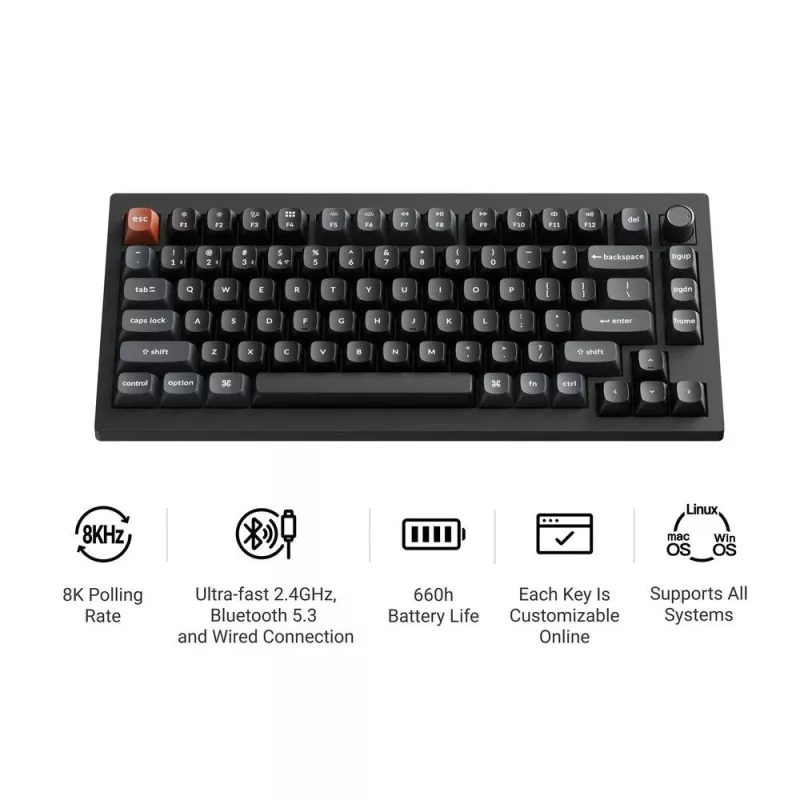 Mechaninė klaviatūra Keychron V1 Ultra 8K — 75% formata, QWERTY, Bluetooth, RGB, Juoda