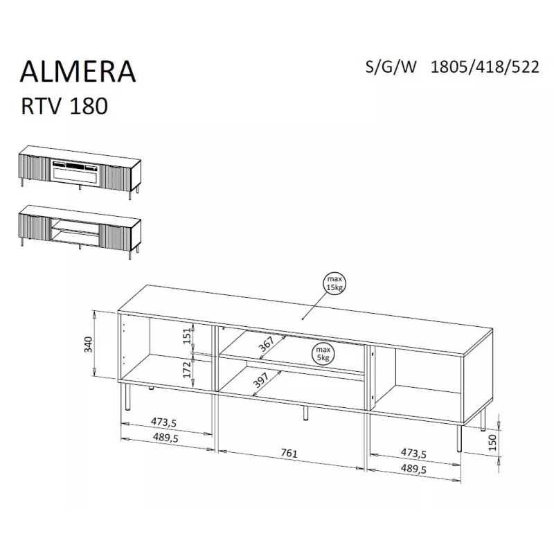 Spintelė televizoriui Cama Meble ALMERA 180.5×42×52.5 cm riešutas/šampanas su juodu židiniu