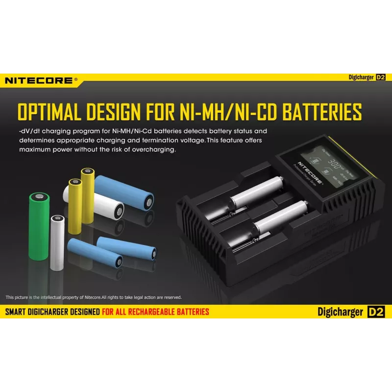 Nitecore D2 įkroviklis – 2 lizdai AA/AAA/AAAA/C baterijoms, 100–240V, 4,2V, juodas
