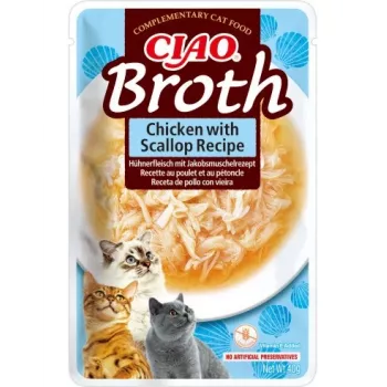 Šlapias skanėstas katėms INABA Ciao Broth Chicken & Scallop 40 g maišelis, skystas mėsingas padažas, 88% drėgmės, 9.4% baltymų