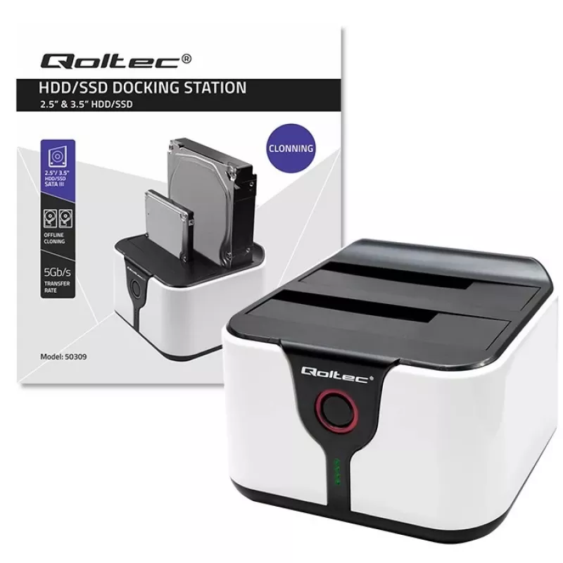 Qoltec 50309 dokų stotis HDD SSD 2.5 3.5 | SATA III | USB 3.0 | Super sparta 5 Gb/s | su klonavimo funkcija