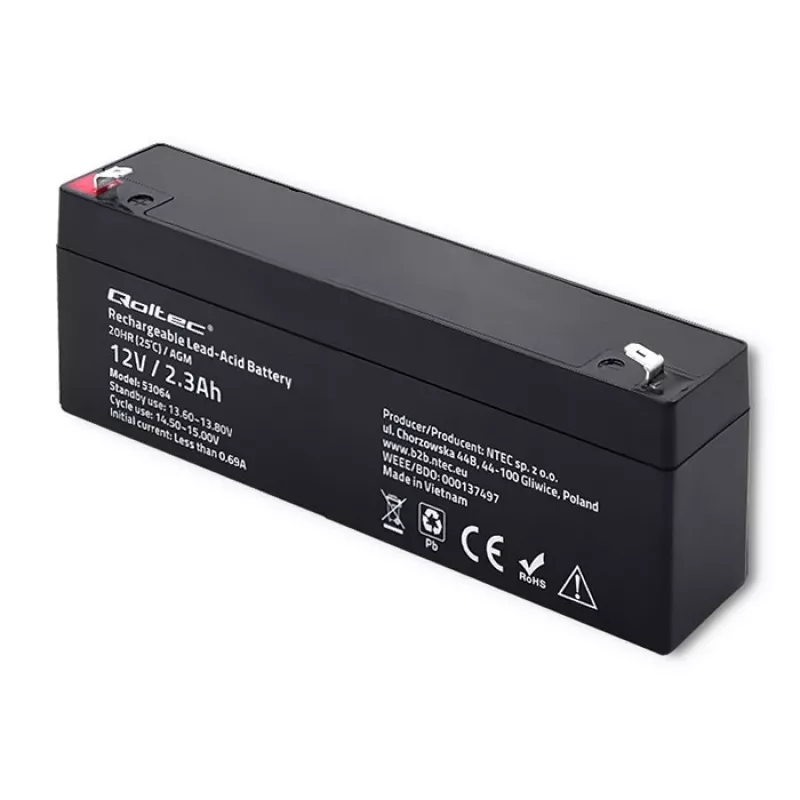 Sandari AGM baterija QOLTEC 12V 2,3Ah UPS ir atsarginėms sistemoms, maks. iškrova 34,5A