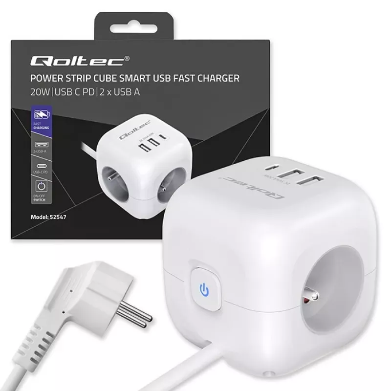 Power Cube QOLTEC 52547 ilgintuvas 3×AC lizdai, 2×USB-A, 1×USB-C PD 20W