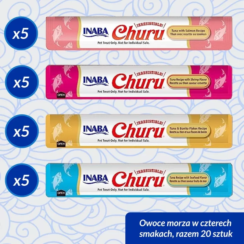 Šlapieji kačių skanėstai INABA Churu Variety Box Seafood – 20 vnt. × 14 g, žuvies pasta, be grūdų, be cukraus ir be glitimo