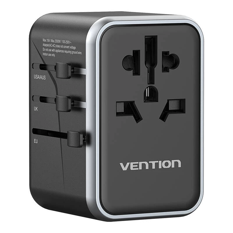 Vention 65 W GaN kelioninis adapteris su įkrovikliu, 2x USB-A 2x USB-C, juodas