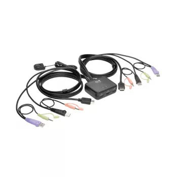 Eaton Tripp Lite serijos 2 prievadų USB/HD kabelių KVM jungiklis su garsu ir vaizdu, kabeliais bei USB įrenginių dalijimusi