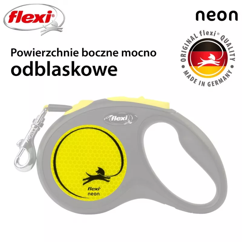 Flexi New NEON atsitraukiamas pavadėlis 5 m - juostinis, mažiems šunims iki 15 kg, juoda/geltona