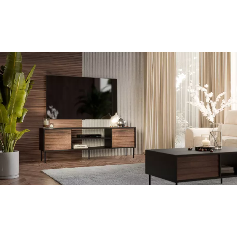 TV spintelė Cama Meble EF CORTINA 180×40×60 cm, juodas viršus, riešutmedžio spalvos rėmas