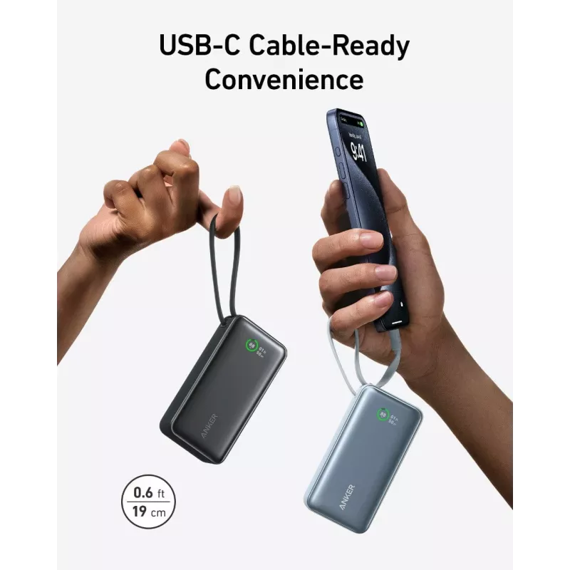 Anker Powerbank 545 NANO 30W 10000mAh su integruotu USB-C laidu, juoda
