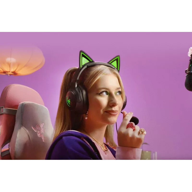 Ausinės žaidimams Razer Kraken Kitty V2 - Juodos, su kačių auselėmis ir RGB apšvietimu